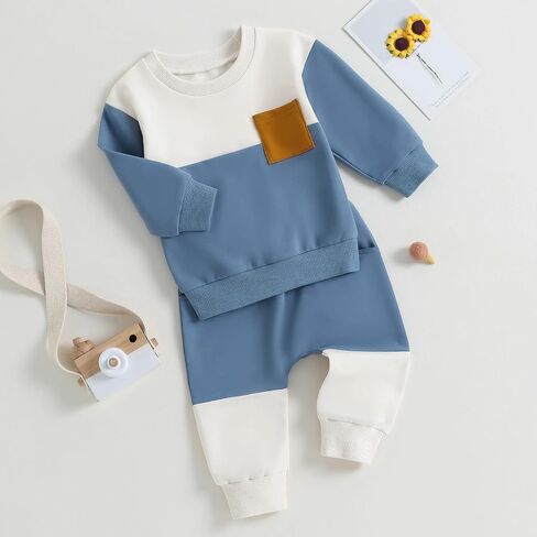 FOMOYUU Toddler Baby Boy Clothes Color Block Long Sleeve Sweatshirt Pullover Tops + Solid Pants Spring Fall Winter Outfits in Kuwait