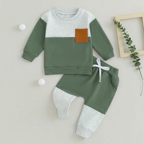 FOMOYUU Toddler Baby Boy Clothes Color Block Long Sleeve Sweatshirt Pullover Tops + Solid Pants Spring Fall Winter Outfits in Kuwait