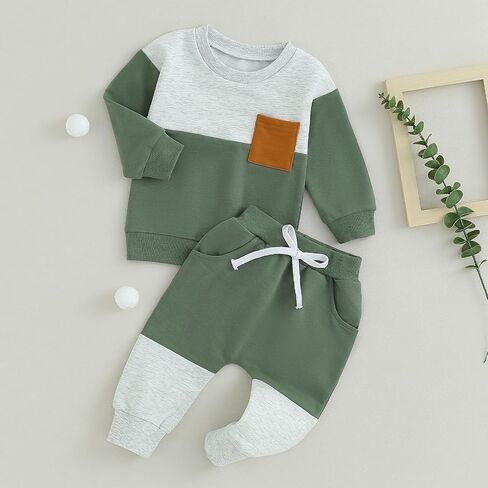 FOMOYUU Toddler Baby Boy Clothes Color Block Long Sleeve Sweatshirt Pullover Tops + Solid Pants Spring Fall Winter Outfits in Kuwait