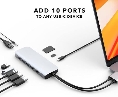 محطة إرساء HyperDrive 10 في 2 USB C، HDMI مزدوج 4K@60 هرتز، توصيل طاقة USBC 60 وات، جيجابت إيثرنت، محول محور USB-C لجهاز MacBook Pro مع M1 Pro/Max 2021، MacBook Pro، MacBook Air، فضي in Kuwait