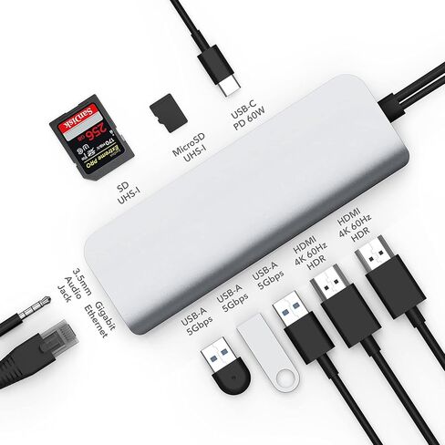 محطة إرساء HyperDrive 10 في 2 USB C، HDMI مزدوج 4K@60 هرتز، توصيل طاقة USBC 60 وات، جيجابت إيثرنت، محول محور USB-C لجهاز MacBook Pro مع M1 Pro/Max 2021، MacBook Pro، MacBook Air، فضي in Kuwait