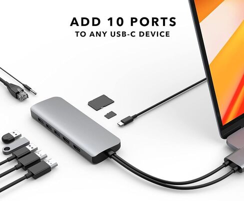 محطة إرساء HyperDrive 10 في 2 USB C، HDMI مزدوج 4K@60 هرتز، توصيل طاقة USBC 60 وات، جيجابت إيثرنت، محول محور USB-C لجهاز MacBook Pro مع M1 Pro/Max 2021، MacBook Pro، MacBook Air، فضي in Kuwait