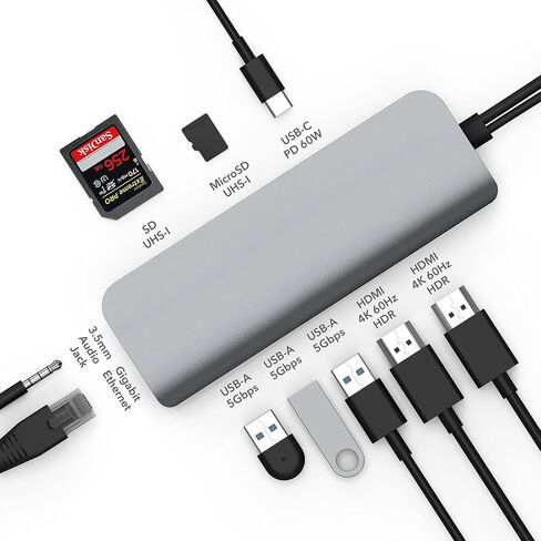 محطة إرساء HyperDrive 10 في 2 USB C، HDMI مزدوج 4K@60 هرتز، توصيل طاقة USBC 60 وات، جيجابت إيثرنت، محول محور USB-C لجهاز MacBook Pro مع M1 Pro/Max 2021، MacBook Pro، MacBook Air، فضي in Kuwait