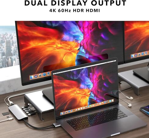 محطة إرساء HyperDrive 10 في 2 USB C، HDMI مزدوج 4K@60 هرتز، توصيل طاقة USBC 60 وات، جيجابت إيثرنت، محول محور USB-C لجهاز MacBook Pro مع M1 Pro/Max 2021، MacBook Pro، MacBook Air، فضي in Kuwait