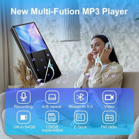 مشغل MP3 مع مشغل موسيقى بلوتوث 128 جيجابايت HiFi Lossless مع وظيفة OTG مكبر صوت عالي الدقة وراديو FM ومسجل صوت ووظيفة الكتاب الإلكتروني وبطاقة MP3 TF الرقمية in Kuwait