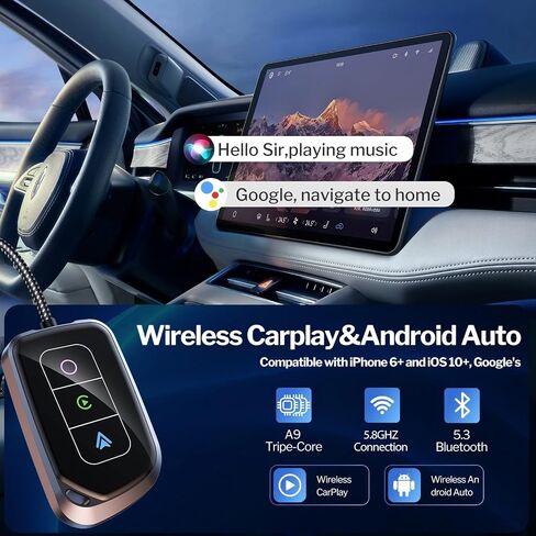 محول CarPlay اللاسلكي ومحول Android Auto اللاسلكي 2 في 1، دونجل تحكم لاسلكي في السيارة لأجهزة Apple/Android، مناسب لهاتف iPhone 6+ /iOS 10+ وAndroid 12+ in Saudi Arabia
