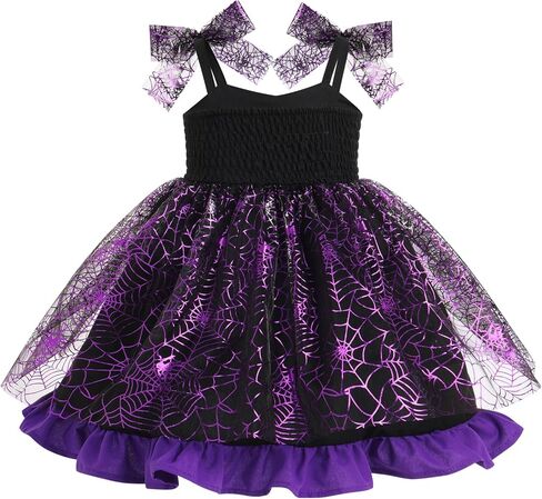 IDOPIP Baby Girls Halloween Tutu Dress Shiny Spider Bat Princess Birthday Party Dresses Ruffle Tulle Bowknot Dress up Costume in Saudi Arabia