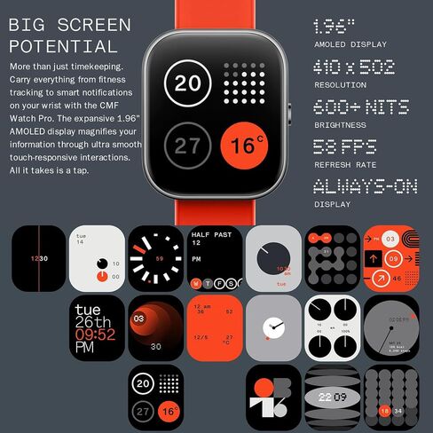 ساعة CMF Watch Pro الذكية، شاشة AMOLED مقاس 1.96 بوصة، IP68 مقاومة للماء متعدد الأنظمة GPS لتعقب اللياقة البدنية مع مراقبة الصحة، عمر البطارية 13 يومًا، أسود رمادي in Saudi Arabia