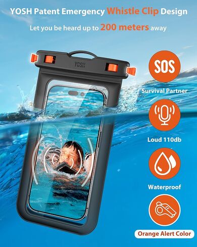 حافظة هاتف مقاومة للماء من YOSH 2024، وظيفة صفارة الطوارئ، حقيبة هاتف تحت الماء IPX8 للسباحة وحبل قابل للتعديل لهاتف iPhone 15 14 13 12 11 Pro Max Samsung S23 S22 حتى 6.8 بوصة، عبوتان باللون الأسود in Kuwait