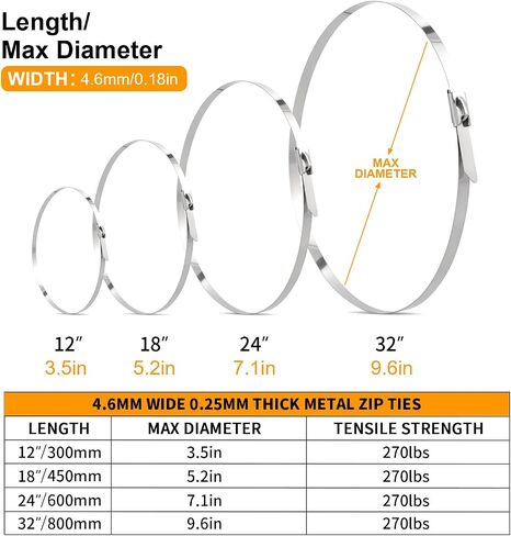 100PCS Metal Cable Zip Ties Heavy Duty 12 Inch Long Stainless Steel ZipTies 270LBS Tensile Strength Steel Wire Ties Multi-Purpose Self-Locking Metal Wrap Ties for Indoor and Outdoor in Saudi Arabia