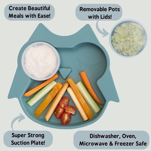 Tidy Tot ®™ Baby and Toddler Suction Plate for Feeding and Weaning | Silicone Plate with Secure Suction | Removable Plate Divider Pots with Lids. Suction Plates for Babies from 6 Months. Owl and Fox in Saudi Arabia