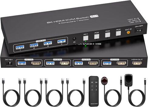 HDMI2.1 KVM Switch 4 Computers 1 Monitor 8K@60Hz 4K@120Hz 4 Port KVM Switches For 4 PCs Share 4 USB Devices Like Keyboard Mouse Printer etc. With Remote Controller & Other External Accessories in Saudi Arabia