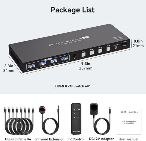 HDMI2.1 KVM Switch 4 Computers 1 Monitor 8K@60Hz 4K@120Hz 4 Port KVM Switches For 4 PCs Share 4 USB Devices Like Keyboard Mouse Printer etc. With Remote Controller & Other External Accessories in Saudi Arabia