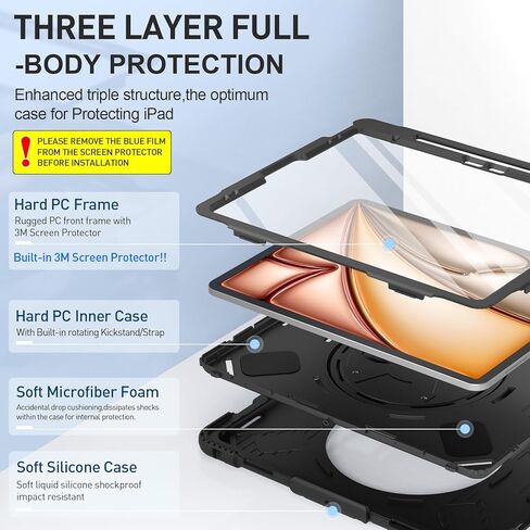 حافظة SUPFIVES لجهاز iPad Air 13 بوصة 2024، غطاء سيليكون عسكري مقاوم للصدمات مع واقي شاشة + حزام يد + حزام كتف + مسند دوار + حامل أقلام، أسود in Kuwait