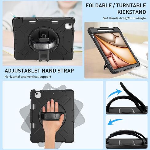حافظة SUPFIVES لجهاز iPad Air 13 بوصة 2024، غطاء سيليكون عسكري مقاوم للصدمات مع واقي شاشة + حزام يد + حزام كتف + مسند دوار + حامل أقلام، أسود in Kuwait