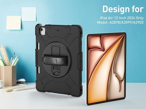 حافظة SUPFIVES لجهاز iPad Air 13 بوصة 2024، غطاء سيليكون عسكري مقاوم للصدمات مع واقي شاشة + حزام يد + حزام كتف + مسند دوار + حامل أقلام، أسود in Kuwait