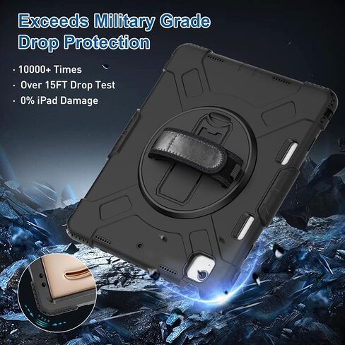 حافظة SUPFIVES لجهاز iPad Air 13 بوصة 2024، غطاء سيليكون عسكري مقاوم للصدمات مع واقي شاشة + حزام يد + حزام كتف + مسند دوار + حامل أقلام، أسود in Kuwait