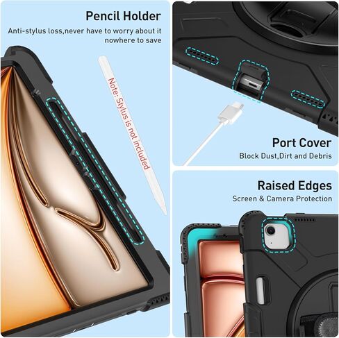 حافظة SUPFIVES لجهاز iPad Air 13 بوصة 2024، غطاء سيليكون عسكري مقاوم للصدمات مع واقي شاشة + حزام يد + حزام كتف + مسند دوار + حامل أقلام، أسود in Kuwait