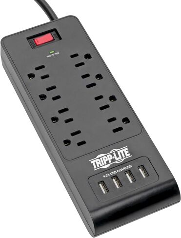 جهاز تريب لايت للحماية من التيار الزائد للمكتب المنزلي مع شحن USB، شريط طاقة لحماية 6 منافذ، 4 منافذ USB، سلك 6 أقدام، 900 جول، أسود (TLP664USBB) in Kuwait