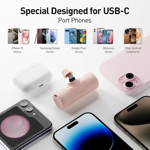 iWALK Portable Charger for iPhone 15/16/17, Power Bank with Build-in USB C Connector, 4,500mAh Battery Pack Phone Charger for iPhone Series, Samsung S22/23/24 Series and Android, Pink in Saudi Arabia