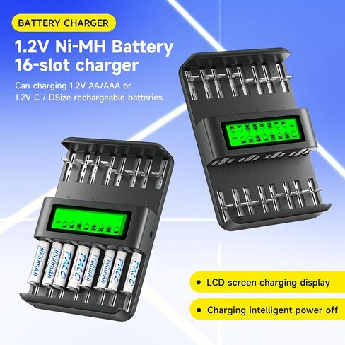 AA AAA C D Battery Charger 16 Bay with AA Battery 4 Pack,AAA Battery 4 Pack,C Battery 2 Pack and D Battery 2 Pack,Suitable for All 1.2v Ni-MH Household Batteries in Saudi Arabia