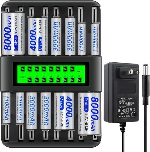AA AAA C D Battery Charger 16 Bay with AA Battery 4 Pack,AAA Battery 4 Pack,C Battery 2 Pack and D Battery 2 Pack,Suitable for All 1.2v Ni-MH Household Batteries in Saudi Arabia
