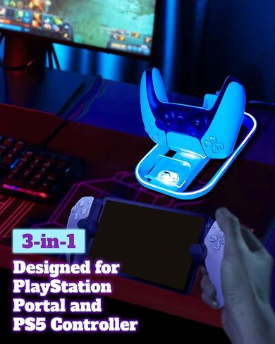 قاعدة شحن Sehawei 3 في 1 لبوابة PS ووحدة تحكم PS5، حامل شاحن محمول لبوابة PS مع إضاءة RGB وكابل من النوع C، ملحقات لبوابة PS in Kuwait