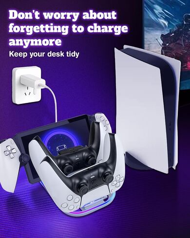 قاعدة شحن Sehawei 3 في 1 لبوابة PS ووحدة تحكم PS5، حامل شاحن محمول لبوابة PS مع إضاءة RGB وكابل من النوع C، ملحقات لبوابة PS in Kuwait