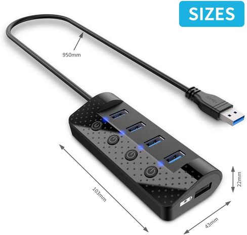 موزع USB 3.0 يعمل بالطاقة، موزع USB أتولا مع 4 منافذ بيانات USB 3.0 ومنفذ شحن USB ذكي واحد، ومقسم USB مع مفاتيح طاقة فردية ومحول طاقة 5 فولت/3 أمبير in Kuwait