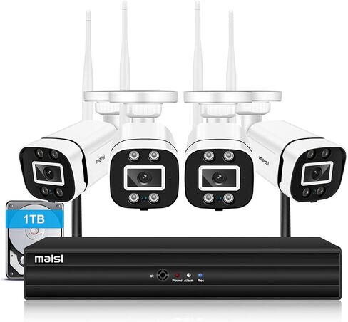نظام كاميرا أمان لاسلكية 4CH، نظام CCTV NVR بدقة 2 ميجابكسل مع محرك أقراص ثابتة سعة 1 تيرابايت، كاميرات IP WiFi خارجية 4X Bullet، تسجيل صوتي، رؤية ليلية، تنبيه عبر البريد الإلكتروني لتطبيق اكتشاف الإنسان in Kuwait