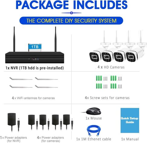 نظام كاميرا أمان لاسلكية 4CH، نظام CCTV NVR بدقة 2 ميجابكسل مع محرك أقراص ثابتة سعة 1 تيرابايت، كاميرات IP WiFi خارجية 4X Bullet، تسجيل صوتي، رؤية ليلية، تنبيه عبر البريد الإلكتروني لتطبيق اكتشاف الإنسان in Kuwait
