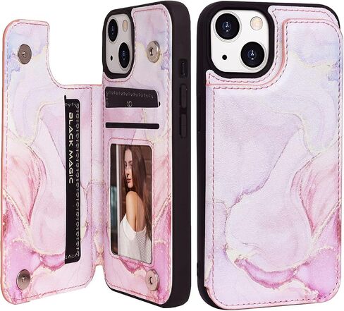 Women Phone Wallet Case Compatible for iPhone 14 Plus with Card Holder,Premuim Leather with Flowers Pattern add Charms,Easily 3 Cards,Kickstand,Raised Coner Protections(Pink,6.7inch) in Saudi Arabia