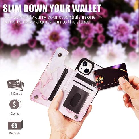 Women Phone Wallet Case Compatible for iPhone 14 Plus with Card Holder,Premuim Leather with Flowers Pattern add Charms,Easily 3 Cards,Kickstand,Raised Coner Protections(Pink,6.7inch) in Saudi Arabia