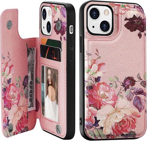 Women Phone Wallet Case Compatible for iPhone 14 Plus with Card Holder,Premuim Leather with Flowers Pattern add Charms,Easily 3 Cards,Kickstand,Raised Coner Protections(Pink,6.7inch) in Saudi Arabia