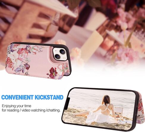 Women Phone Wallet Case Compatible for iPhone 14 Plus with Card Holder,Premuim Leather with Flowers Pattern add Charms,Easily 3 Cards,Kickstand,Raised Coner Protections(Pink,6.7inch) in Saudi Arabia