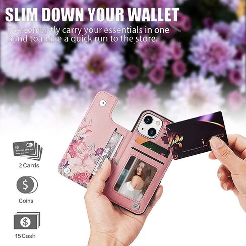 Women Phone Wallet Case Compatible for iPhone 14 Plus with Card Holder,Premuim Leather with Flowers Pattern add Charms,Easily 3 Cards,Kickstand,Raised Coner Protections(Pink,6.7inch) in Saudi Arabia