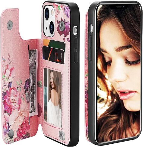 Women Phone Wallet Case Compatible for iPhone 14 Plus with Card Holder,Premuim Leather with Flowers Pattern add Charms,Easily 3 Cards,Kickstand,Raised Coner Protections(Pink,6.7inch) in Saudi Arabia