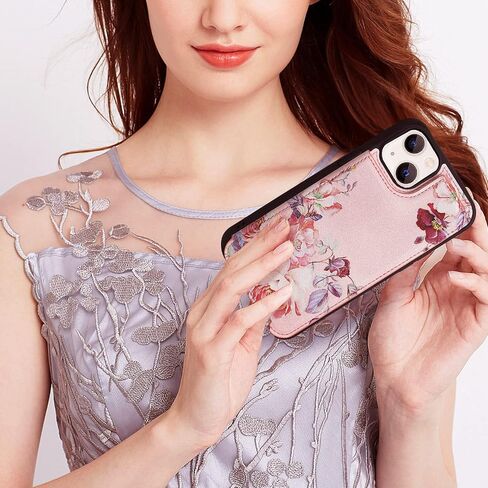 Women Phone Wallet Case Compatible for iPhone 14 Plus with Card Holder,Premuim Leather with Flowers Pattern add Charms,Easily 3 Cards,Kickstand,Raised Coner Protections(Pink,6.7inch) in Saudi Arabia