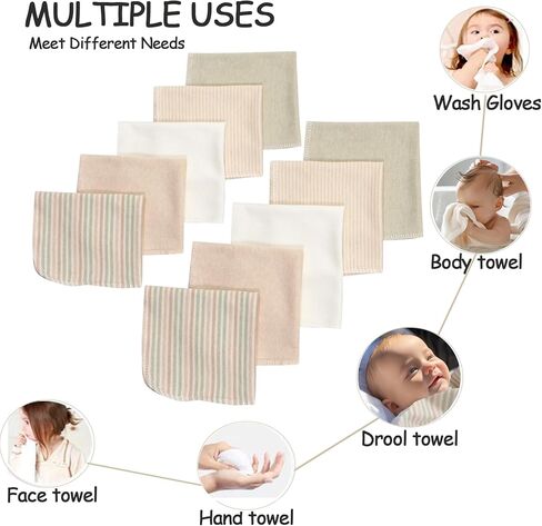 Smluckg Organic Baby Washcloths 10 Pack - Reusable Baby Wipes for Delicate Skin, Ultra Soft and Gentle Kids Face Wipes, Perfect for Newborn Girls and Boys (Multicolor, 10 Pack) in Saudi Arabia
