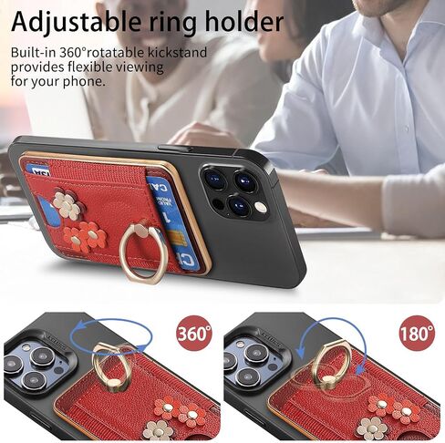 Compatible With MagSafe Wallet Case stick on Magnetic Credit Card Holder Pocket 360 Ring Stand Floral Pattern for iPhone Samsung Android Most Smartphones for 5inch -8inch Phone Fit 6 Cards in Saudi Arabia