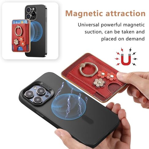 Compatible With MagSafe Wallet Case stick on Magnetic Credit Card Holder Pocket 360 Ring Stand Floral Pattern for iPhone Samsung Android Most Smartphones for 5inch -8inch Phone Fit 6 Cards in Saudi Arabia