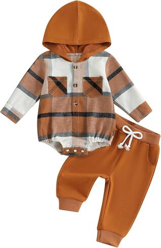 Douhoow Infant Baby Fall Clothes Boy Girl Plaid Hoodie Sweatshirt Romper Flannel Tops+ Sweatpants Festival Outfits in Saudi Arabia