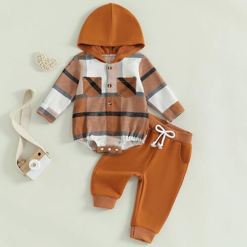 Douhoow Infant Baby Fall Clothes Boy Girl Plaid Hoodie Sweatshirt Romper Flannel Tops+ Sweatpants Festival Outfits in Saudi Arabia