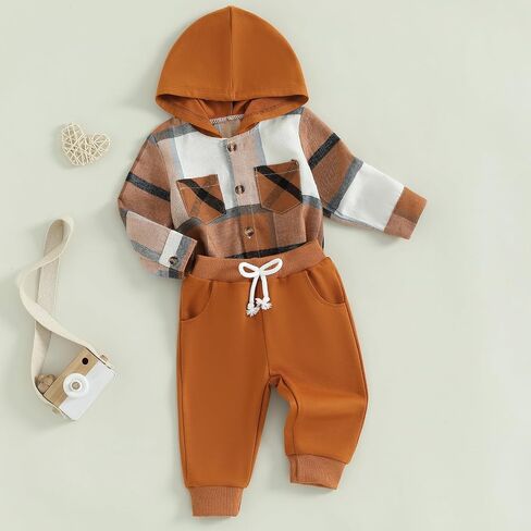 Douhoow Infant Baby Fall Clothes Boy Girl Plaid Hoodie Sweatshirt Romper Flannel Tops+ Sweatpants Festival Outfits in Saudi Arabia
