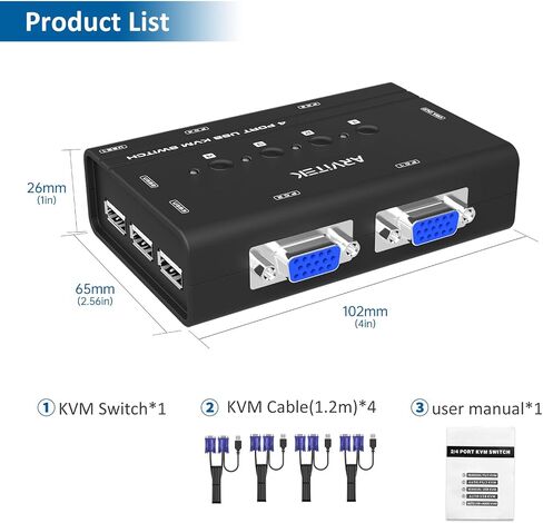 KVM Switch VGA, 4 Port KVM Switch for 4 Computers Share One Monitor Keyboard Mouse Printer, 3 USB 2.0 Hub, Included 4 VGA KVM Cables in Saudi Arabia
