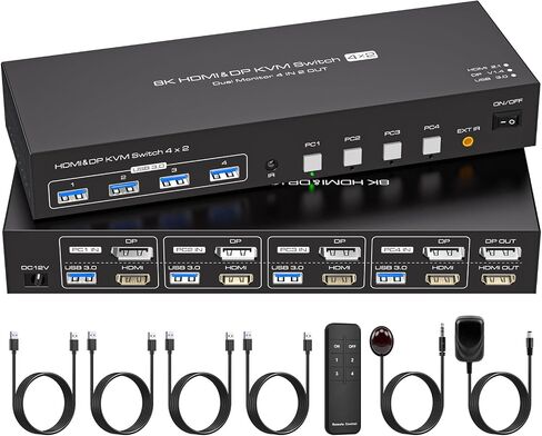 Dual Monitor KVM Switch HDMI+Displayport 4 Computers 2 Monitors 8K@60Hz 4K@120Hz 4 Port KVM Switches Support 4 PCs Share 4 USB Devices Support Copy and Extend Mode with External Accessories in Saudi Arabia