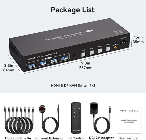Dual Monitor KVM Switch HDMI+Displayport 4 Computers 2 Monitors 8K@60Hz 4K@120Hz 4 Port KVM Switches Support 4 PCs Share 4 USB Devices Support Copy and Extend Mode with External Accessories in Saudi Arabia