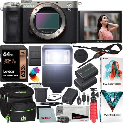 Sony a7C Mirrorless Full Frame Camera Alpha 7C Interchangeable Lens Body Only Silver ILCE7C/S Bundle with Deco Gear Case + Extra Battery + Flash + Filters + 64GB Card + Software Kit and Accessories in Saudi Arabia
