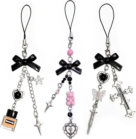 Cute Y2K Phone Charm Aesthetic Phone Charms Strap Pink Bear Butterfly Star Cross Accessories for Phone Keychain Camera Purse Backpack Bag Pendants Decor (3pcs black) in Kuwait