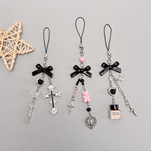 Cute Y2K Phone Charm Aesthetic Phone Charms Strap Pink Bear Butterfly Star Cross Accessories for Phone Keychain Camera Purse Backpack Bag Pendants Decor (3pcs black) in Kuwait